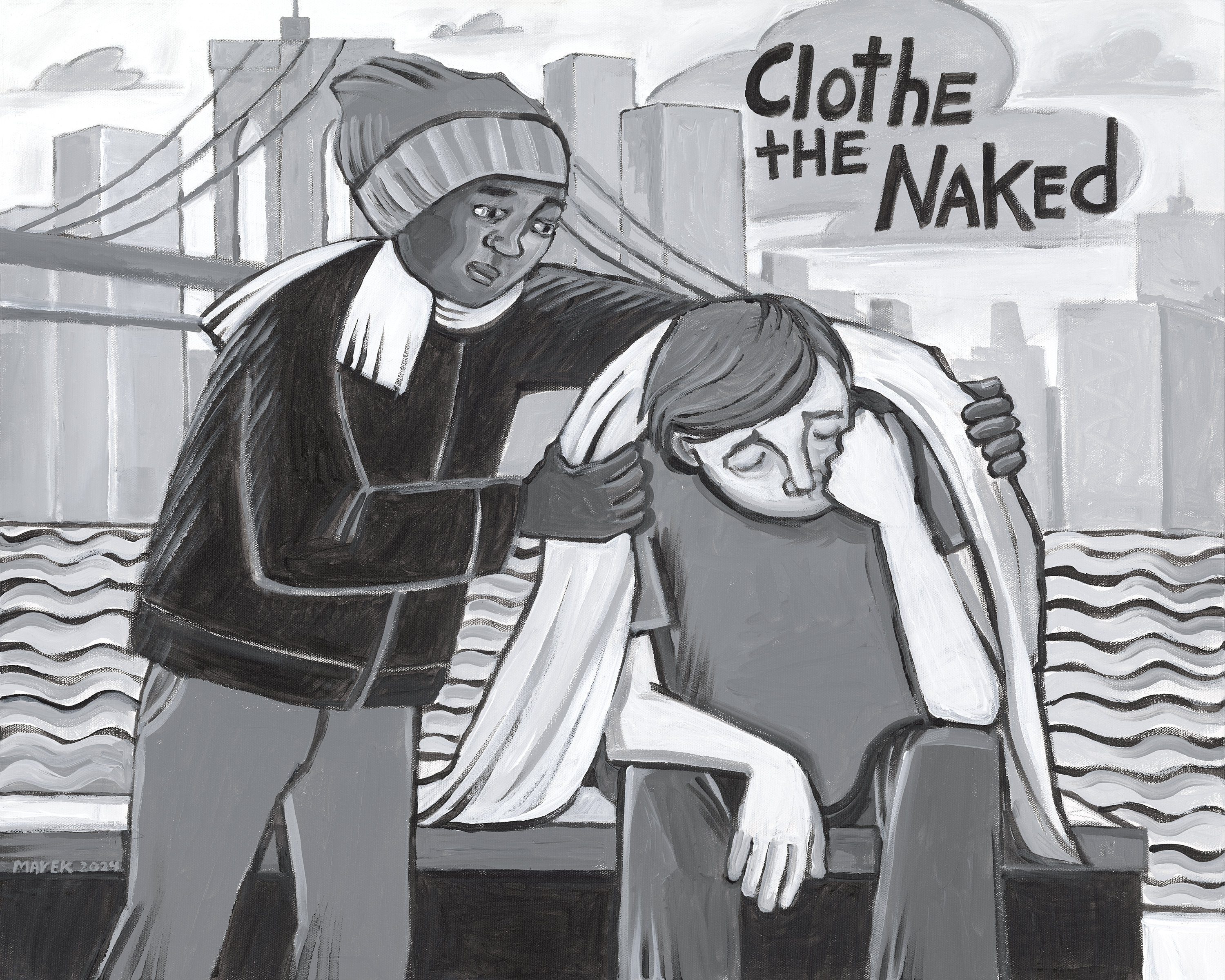 7 of 10 illustrations of the seven Corporal Works of Mercy