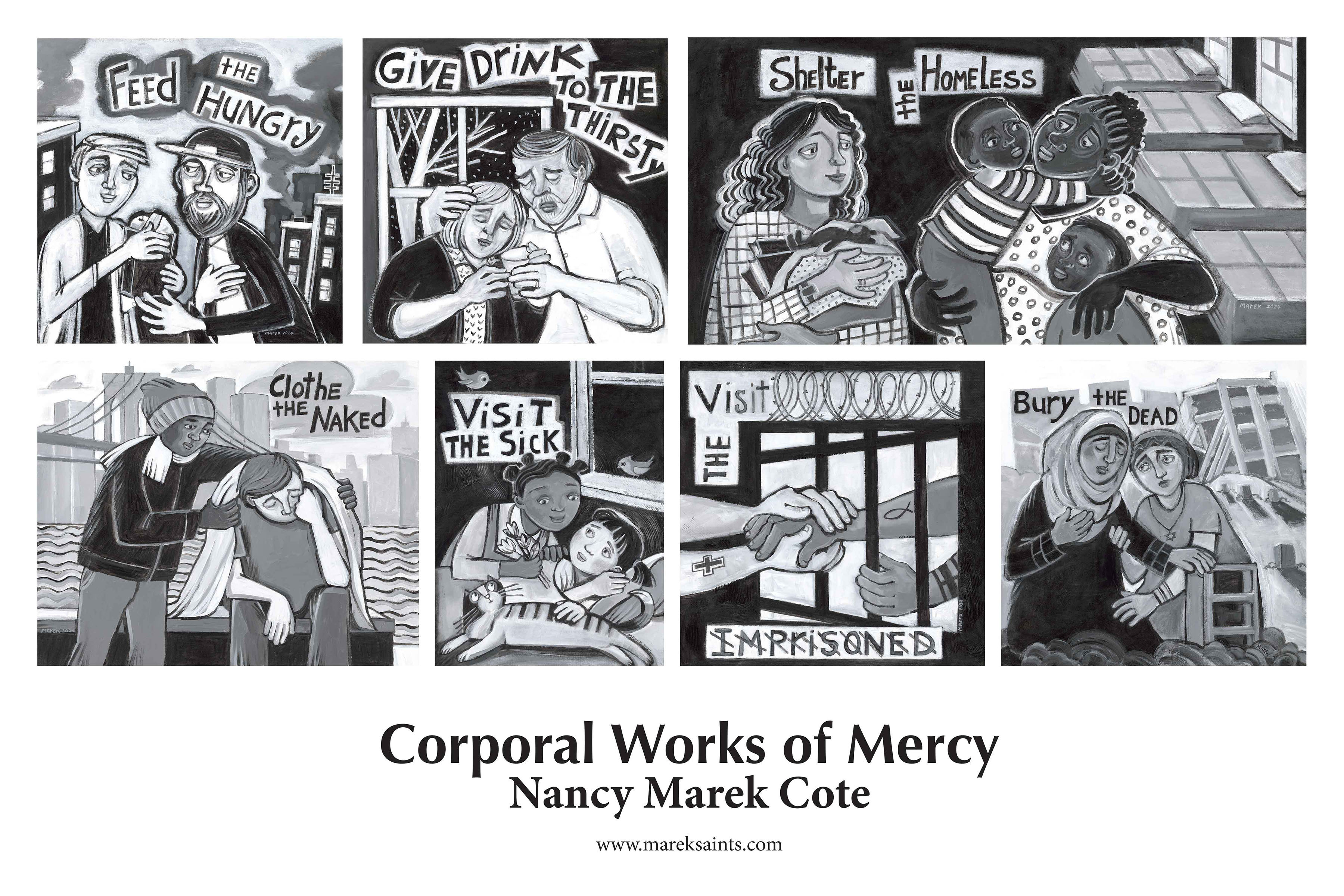 9 of 10 illustrations of the seven Corporal Works of Mercy