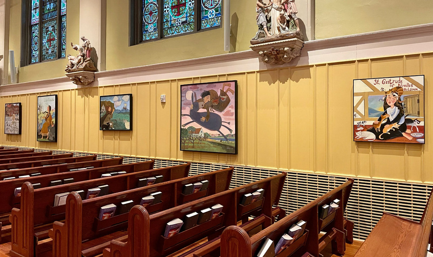 Inside of St. Cecilia's Church displaying the Exhibit "Lives of the Saints"